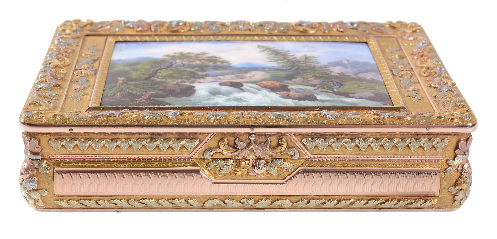 A four colour gold and enamel snuff box, marks rubbed, probably Hanau  A four colour gold and enamel - Image 9 of 11