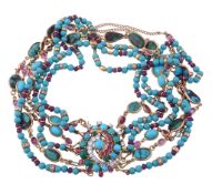 A turquoise, ruby and diamond necklace, with six strands  A turquoise, ruby and diamond
