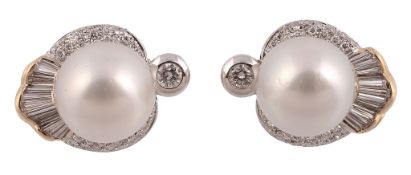 A pair of South Sea cultured pearl and diamond earrings  A pair of South Sea cultured pearl and
