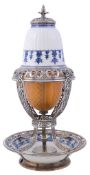 A French silver-mounted St Cloud porcelain and amber-flashed and engraved glass assembled table