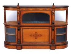 A Victorian inlaid satinwood and ebonised side cabinet,   circa 1870, by Edwards, the D shape ends