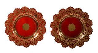 A pair of ruby-flashed and gilt glass plates or stands,   mid 19th century, with crenellated rims