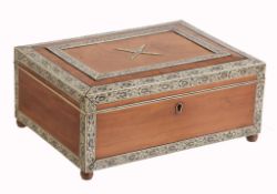 An Anglo Indian sandalwood and lac heightened ivory banded sewing box,   circa 1900, the hinged