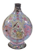 A Chinese enamel flask,   18th century,  the flattened ovoid body decorated with two tear chaped