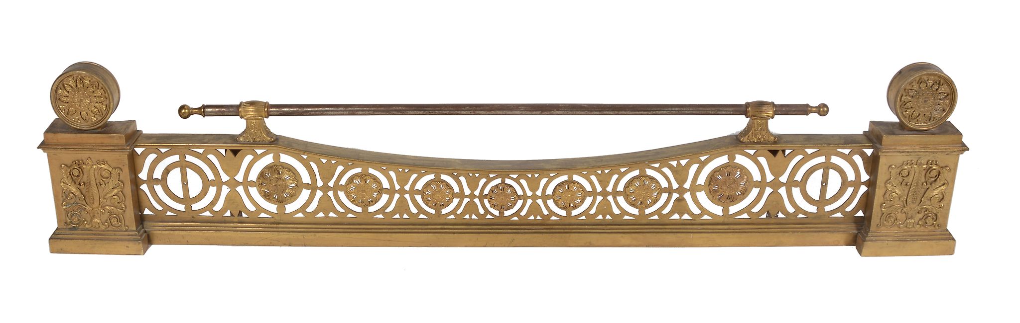 An Empire gilt bronze and iron mounted adjustable fender,   early 19th century, with horizontal