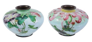 A pair of Japanese enamelled vases,   of compressed globular form decorated in cloisonne, ginbari