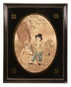 A pair of late George III silkwork pictures of children in rustic settings,   circa 1800, one