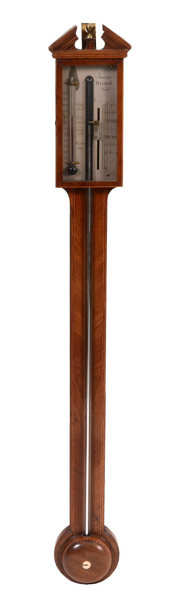 A late George III inlaid mahogany stick barometer, Tarone,   circa 1800, with architectural