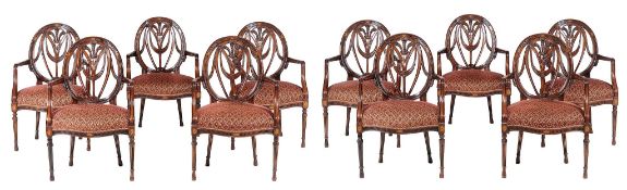 A set of ten mahogany armchairs in George III style,   20th century,  incorporating oval marquetry