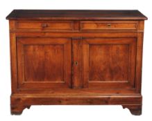A French fruitwood side cupboard  , 18th century, the rectangular top above two short drawers and
