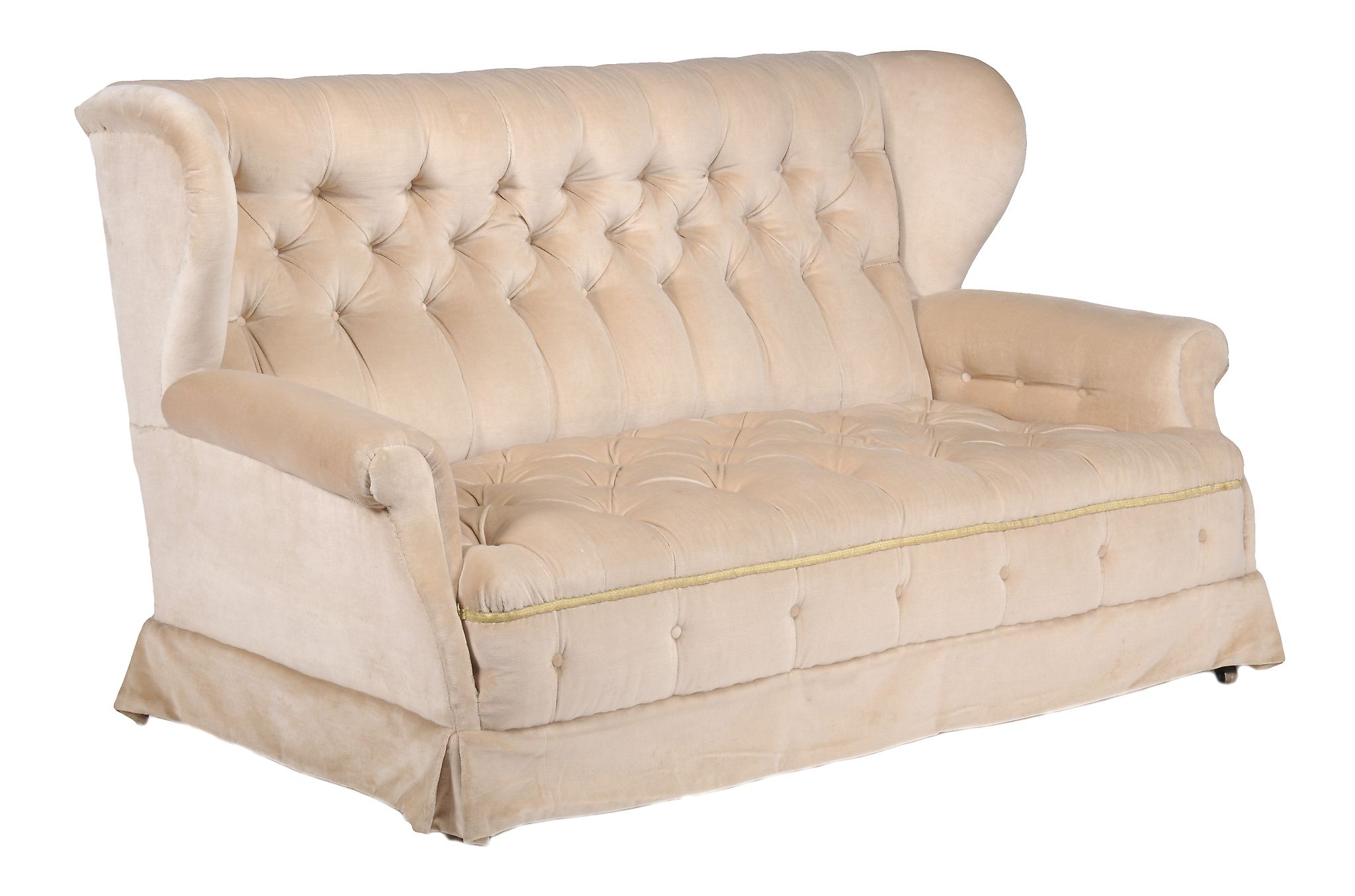 A matched pair of late Victorian sofas,   circa 1900, with wing and scroll arms, buttoned back and - Image 2 of 2