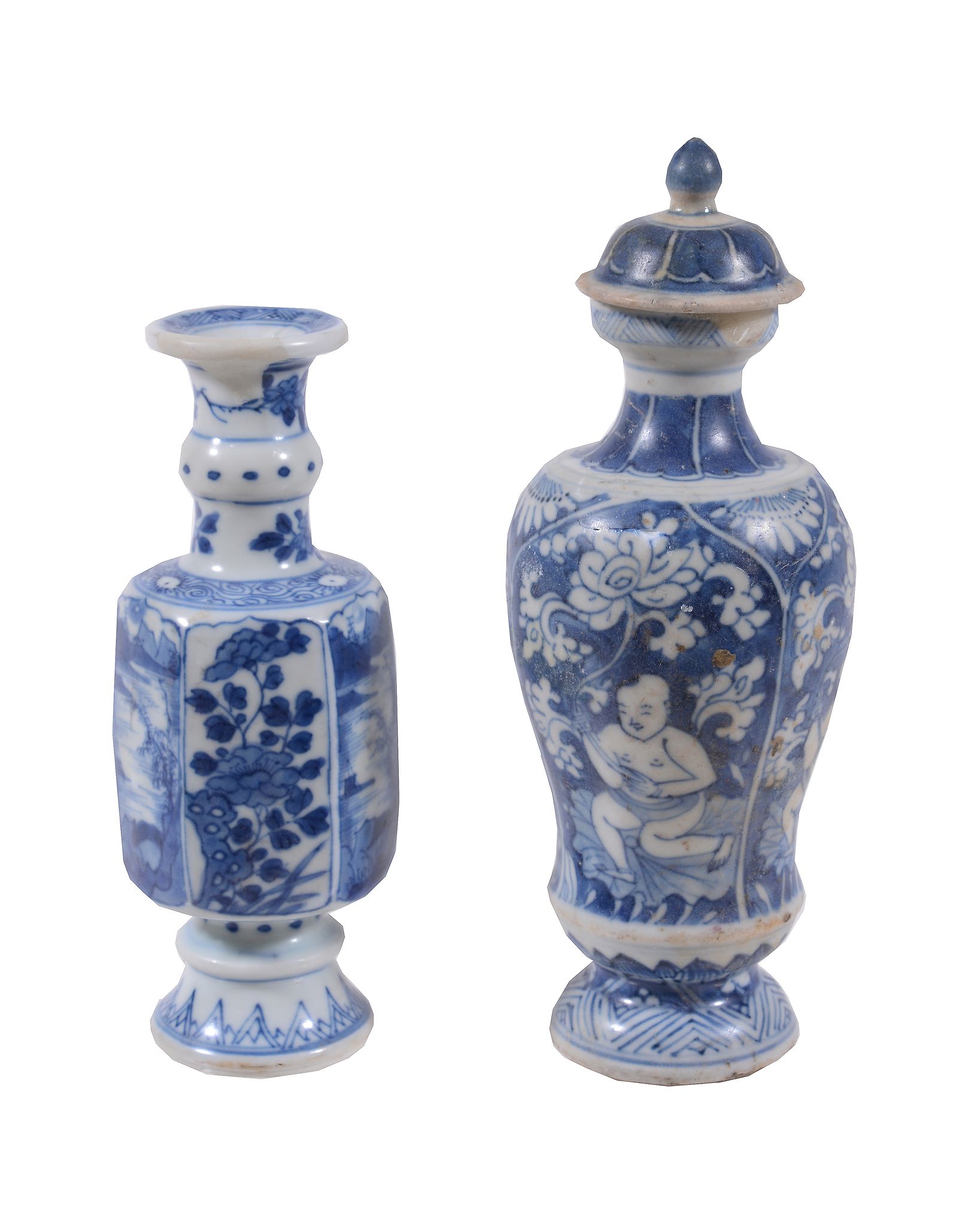 A Chinese blue and white  Vang Tau   cargo vase and cover, circa 1690,   painted with panels of