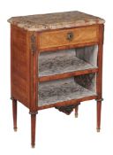 A French kingwood, tulipwood and marble mounted side cabinet in Louis XVI style,   19th century,