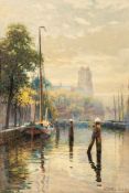 Walter Follen Bishop (1856-1936) - Canal view with a cathedral beyond Watercolour, heightened with