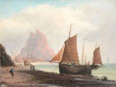 English School (19th Century) - Seascape with boats on a beach; Brining in the days catch A pair,
