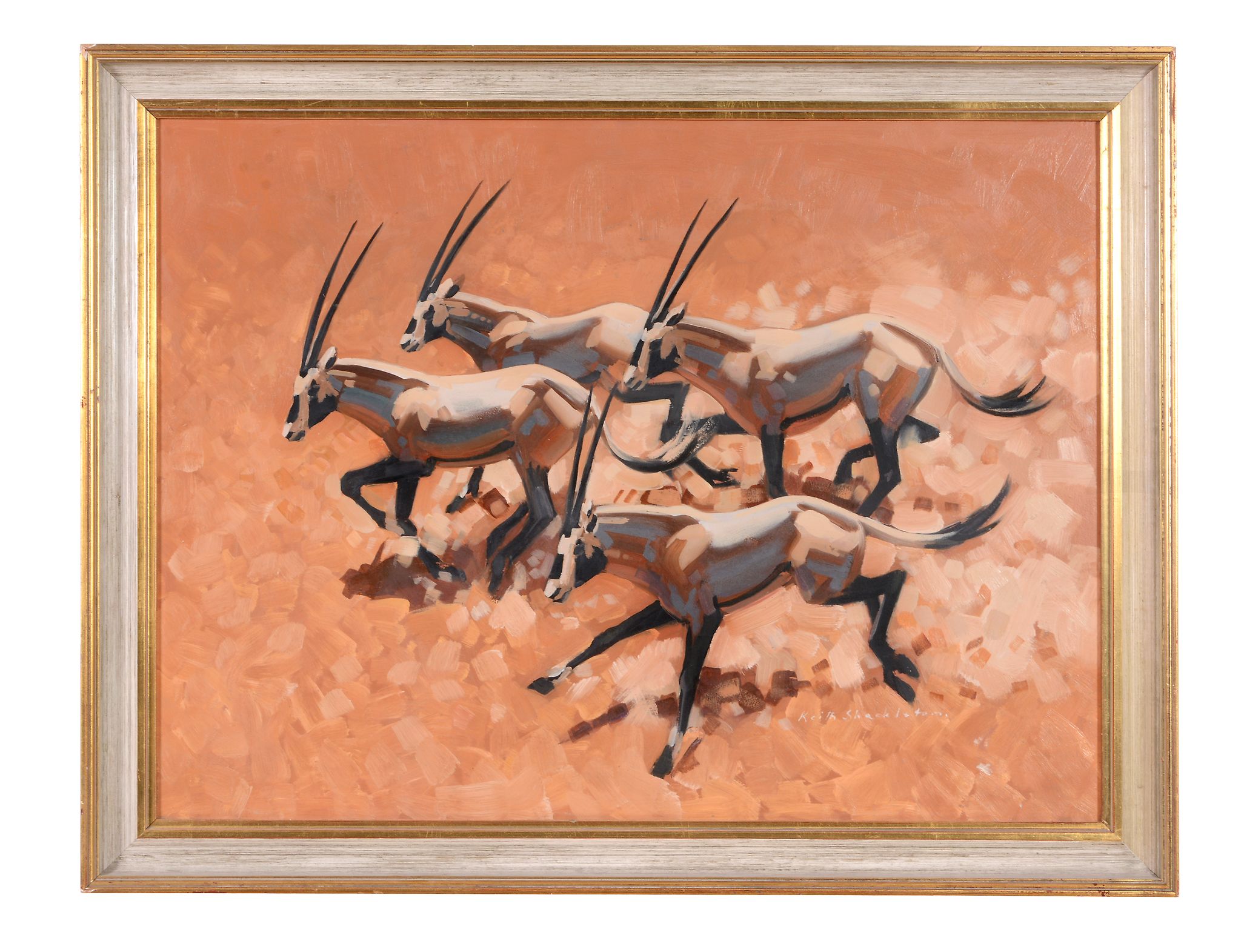 Keith Shackleton (1923-2015) - Herd of Arabian Oryx Oil on board Signed lower right 46 x 61 cm. ( - Image 2 of 3