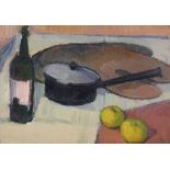 Michael Salaman (1911 - 1991) - Still life with saucepan, wine bottle, apples and an artist's