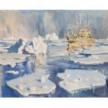 Peter McIntyre (1910-95) H.M.N.Z.S Endeavour in the pack ice, Antarctica 1958 oil on canvas board