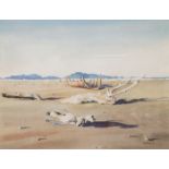 Peter McIntyre (1910-95) Driftwood & Boat Hull on Beach Front watercolour signed and dated 'PETER