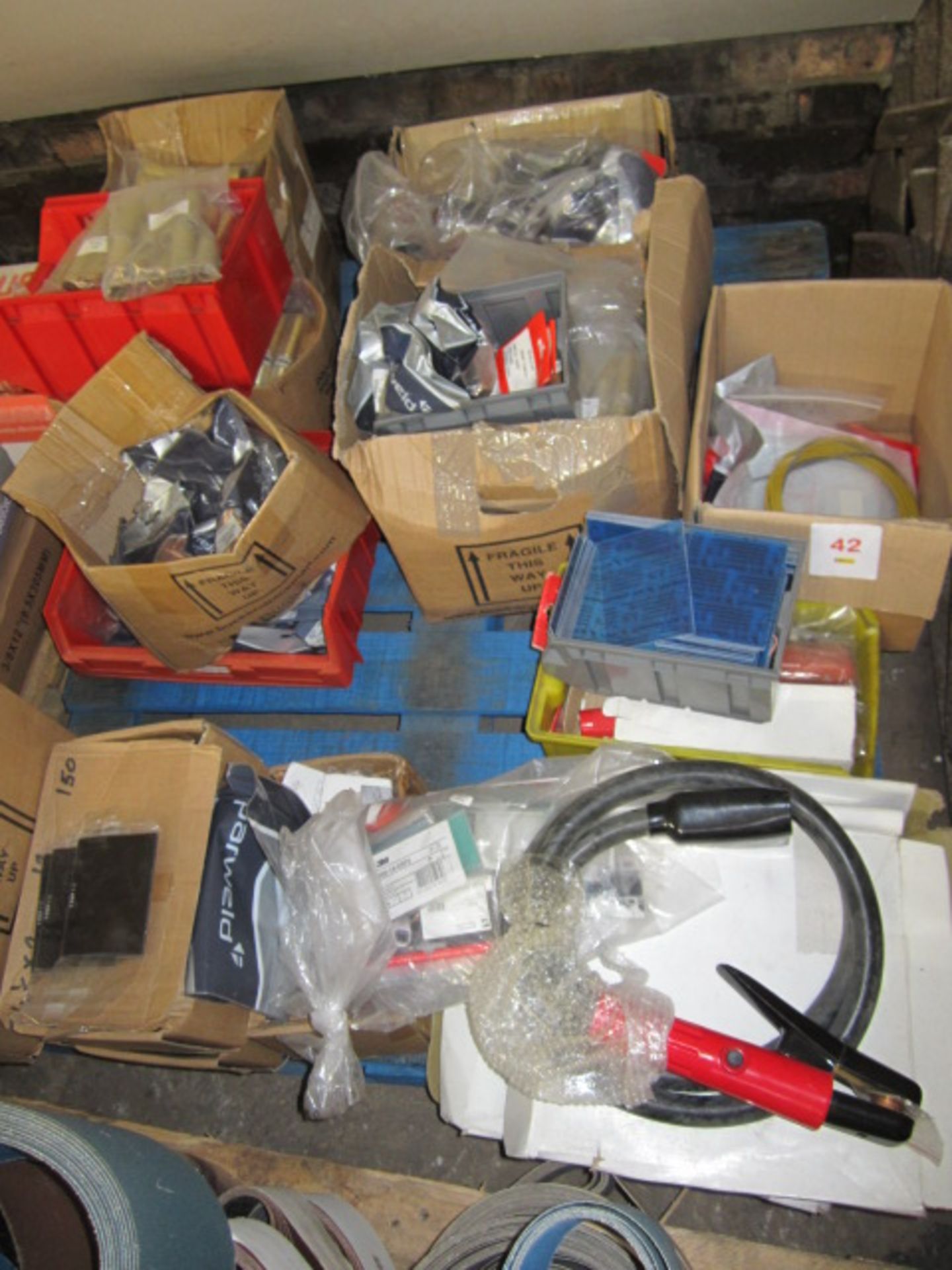 Pallets of welding consumables including SWP Crocodile holders, 400amp, Speedglas inside