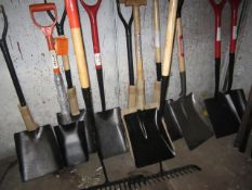 Ten various shovels including contractor 1st and Roebuck, 2 rakes