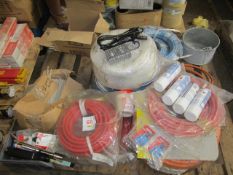 Pallet of welding and cutting consumables including acetylene fitted hoses, rods etc.