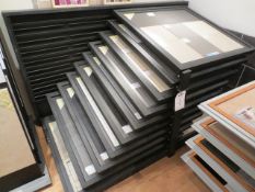 Tile display system, in black, 9 sloping sections, 1.1 x 1.1m, mounted on roller frame and 1