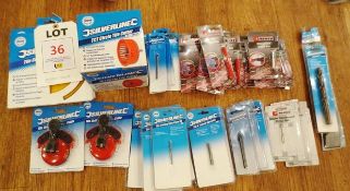 Assorted drill bits, tile cutters / discs etc. by Silverline and Tileasy (unused) (located at