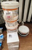 Assorted tubs of waterproof coating, boxes of sealing board (located at Teignmouth site)
