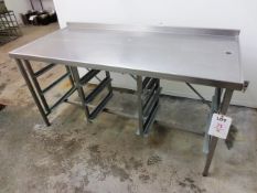 Stainless steel food preparation work surface with three triple shelf storage racks, 1720 x 780 x
