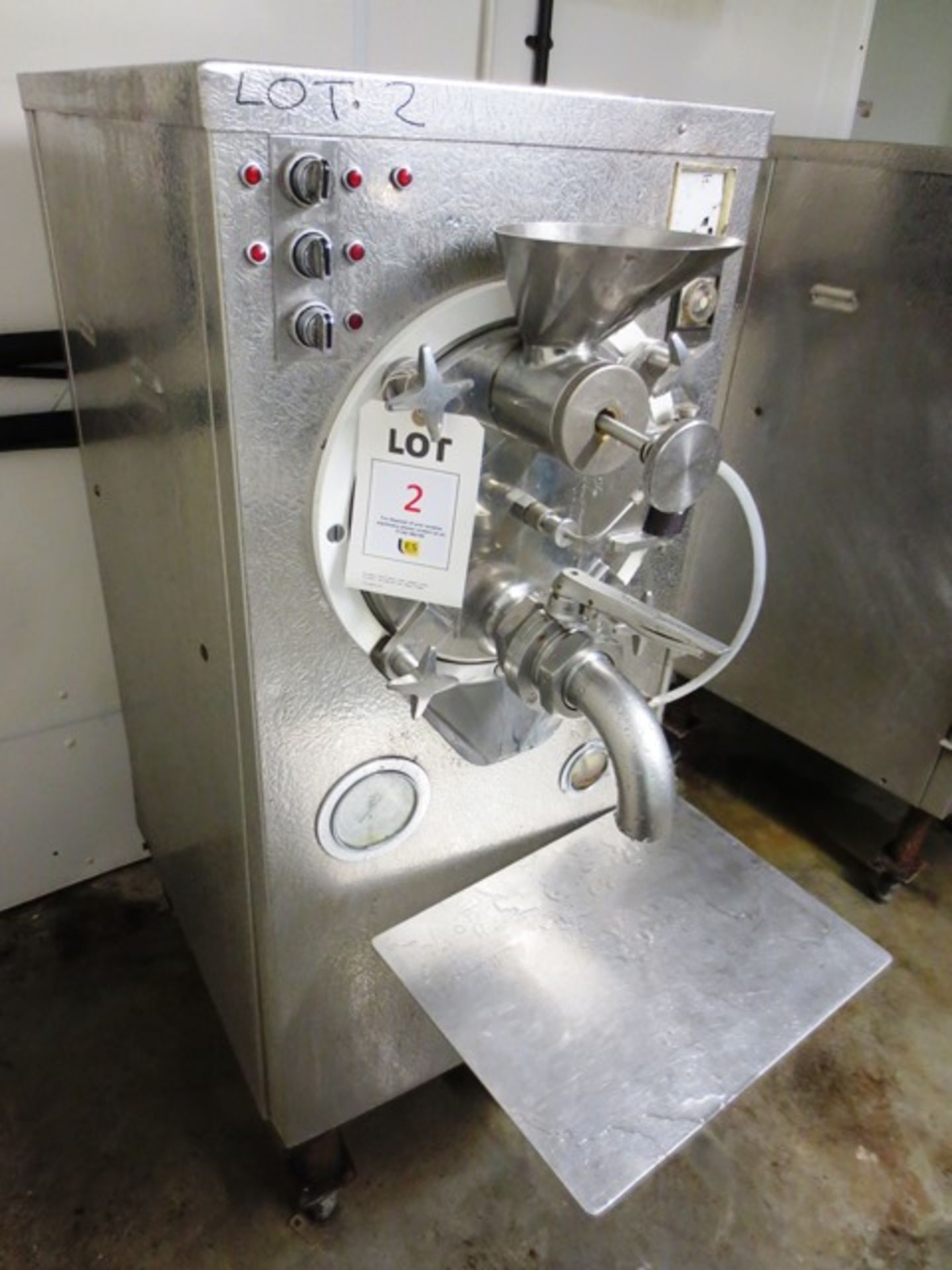 Un-named stainless steel pressurised, refrigerated ice cream batch filler, infeed hopper and