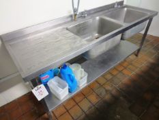 Stainless steel twin basin sink unit with lower shelf, 2050 x 650 x 870mm