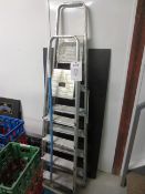 Two timber frame stands/podiums, 800 x 800 x 800mm, two aluminium step ladders and brush