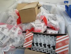 Plastic box of assorted MCB's - MK, Hager, Eaton. MK Century single module blanks