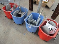 Four mop buckets each with a squeegee