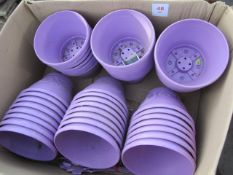 Box of 46 purple plastic hanging pots with matching saucers and hangers