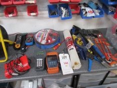Miscellaneous lot comprising 240v extension reel, heavy duty booster cables, small tools, battery