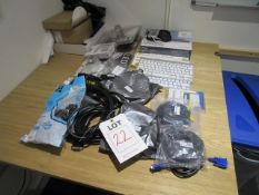 Miscellaneous lot including Bluetooth keyboards, TP-link 8-port gigabit switch, cables etc.. Located