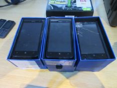 Three Nokia Lumia 625 mobile telephone handsets (one with cracked screen) NB: no charges or leads.