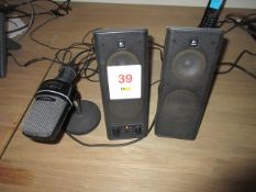 Pair of Logitech speaker and Prosound microphone on stand. Located at Unit 1, Neptune Court,