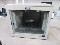 Interm glass fronted media cabinet (no keys) and Sabre SA-120B mixer amplifier. Located at Unit 1,