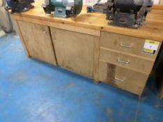 1950mm x 690mm timber workbench with integral double door cupboard and 3 drawers