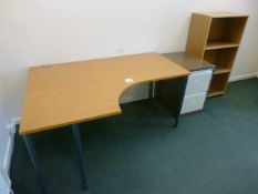 Beech veneered radius desk, Bisley steel 2 drawer filing cabinet and a 4ft veneered bookshelf