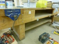 Joiners work bench, 332cm x 87cm fitted with Record No 53 joiners vice (no contents)