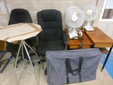 3 Micromark desktop fans, 2 swivel armchairs, 2 side tables, circular high table and quantity of