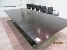 Wood effect meeting table complete with panelled power source 3200mm x 1500mm on twin chrome
