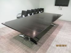 Wood effect meeting room table complete with concealed power source 3200 x 1500 on twin chrome