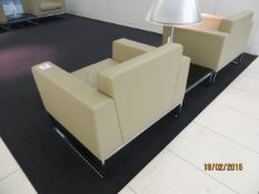 Two Boss Layla armchairs beige leather with polished aluminium frame, complete with matching