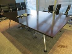2 piece walnut effect boardroom table with 4 chrome legs 2600 x 1600mm