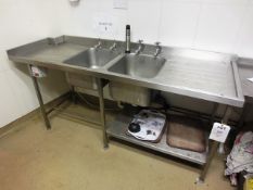 Stainless steel twin deep bowl sink and drainer, with below shelf, 2000mm length (Please note: if